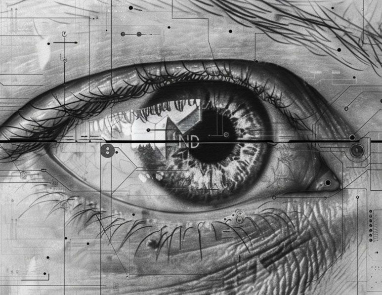Pencil drawing of a human eye overlaid with circuit-board traces