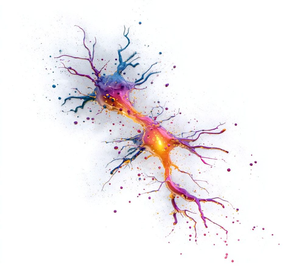 A single neuron drawn in splashes of magenta, orange and blue paint